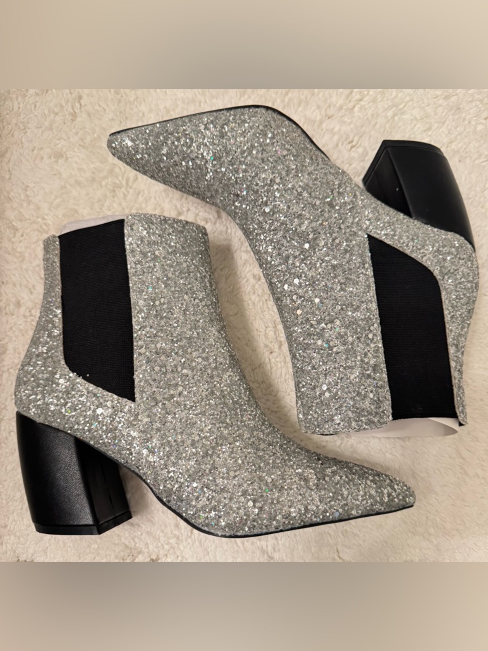 Lulu's Silver Glitter Pointed Toe Block Heel Ankle Boots